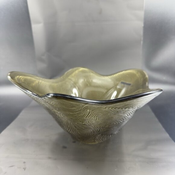 Sasaki Stephen Dweck Glass Bowl Abstract Shape Olive Green Satin Swirl Japan VTG - Picture 15 of 16